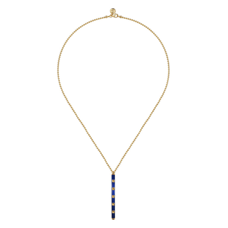 Enamel - 14K Yellow Gold Vertical Bar Necklace with Chrome Blue Enamel - Shot 2