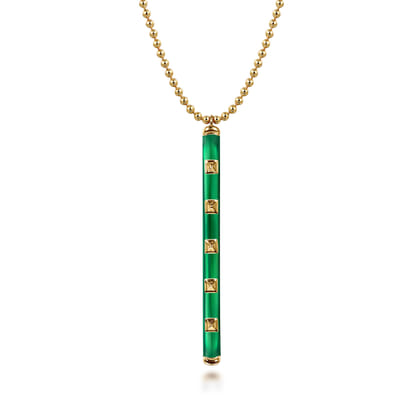 Enamel - 14K Yellow Gold Vertical Bar Necklace with Chrome Green Enamel