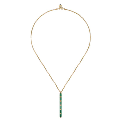 Enamel - 14K Yellow Gold Vertical Bar Necklace with Chrome Green Enamel