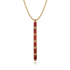 Enamel - 14K Yellow Gold Vertical Bar Necklace with Chrome Red Enamel