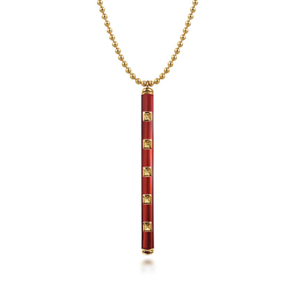 Enamel - 14K Yellow Gold Vertical Bar Necklace with Chrome Red Enamel