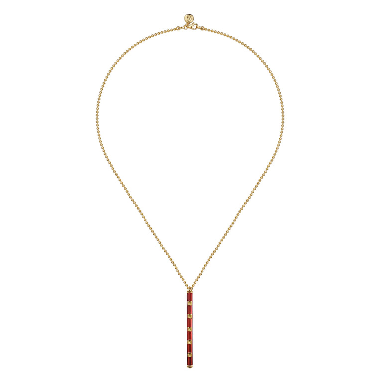 Enamel - 14K Yellow Gold Vertical Bar Necklace with Chrome Red Enamel - Shot 2