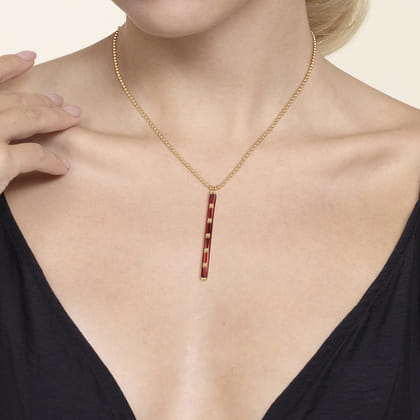 Enamel - 14K Yellow Gold Vertical Bar Necklace with Chrome Red Enamel