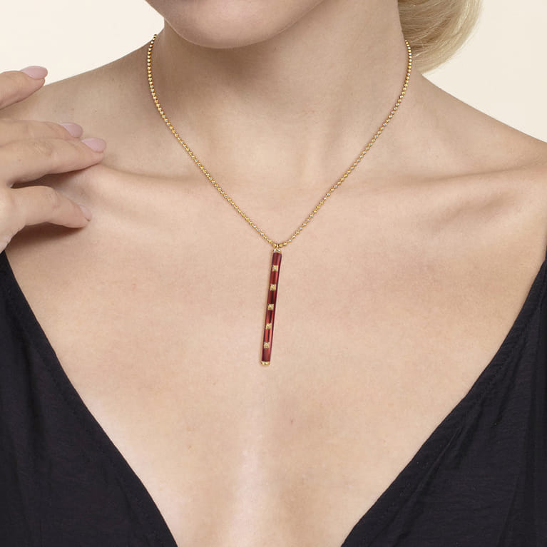 Enamel - 14K Yellow Gold Vertical Bar Necklace with Chrome Red Enamel - Shot 3