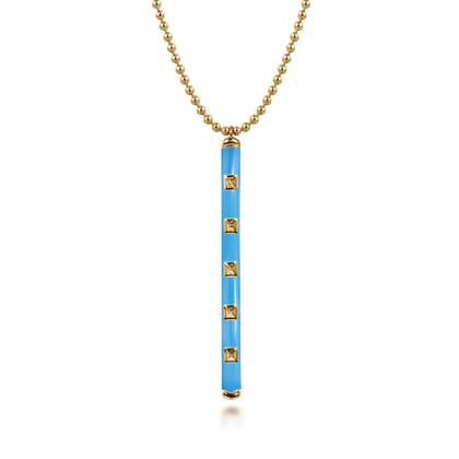 Enamel - 14K Yellow Gold Vertical Bar Necklace with Dusk Blue Enamel