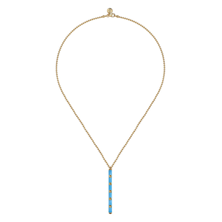 Enamel - 14K Yellow Gold Vertical Bar Necklace with Dusk Blue Enamel - Shot 2