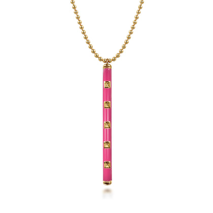Enamel - 14K Yellow Gold Vertical Bar Necklace with Fuchsia Enamel