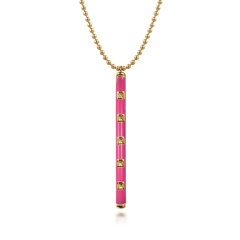 Enamel - 14K Yellow Gold Vertical Bar Necklace with Fuchsia Enamel - Shot 1