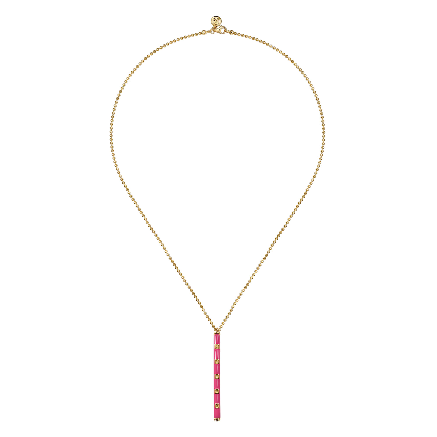 Enamel - 14K Yellow Gold Vertical Bar Necklace with Fuchsia Enamel - Shot 2