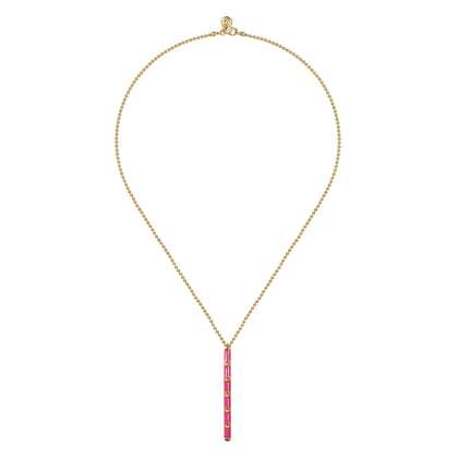 Enamel - 14K Yellow Gold Vertical Bar Necklace with Fuchsia Enamel