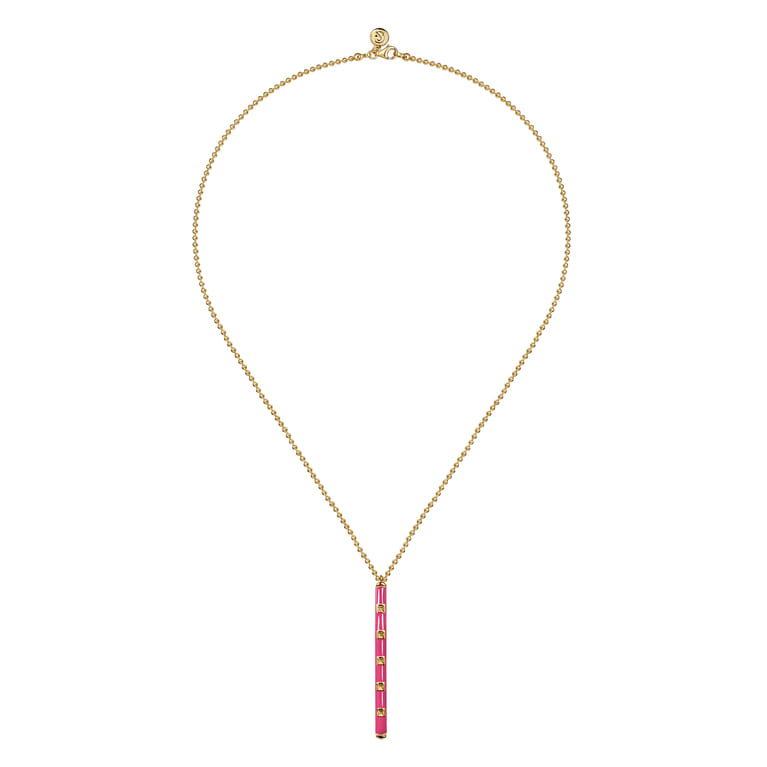Enamel - 14K Yellow Gold Vertical Bar Necklace with Fuchsia Enamel - Shot 2