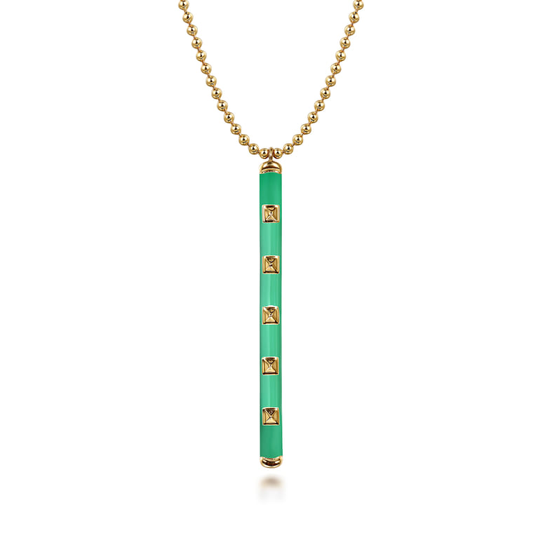Enamel - 14K Yellow Gold Vertical Bar Necklace with Mint Green Enamel - Shot 1