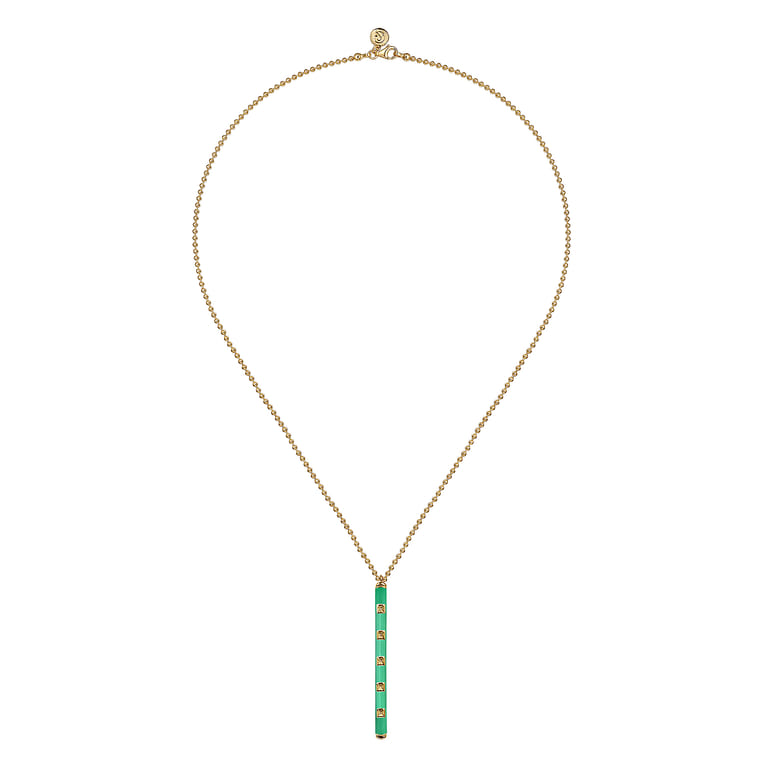 Enamel - 14K Yellow Gold Vertical Bar Necklace with Mint Green Enamel - Shot 2
