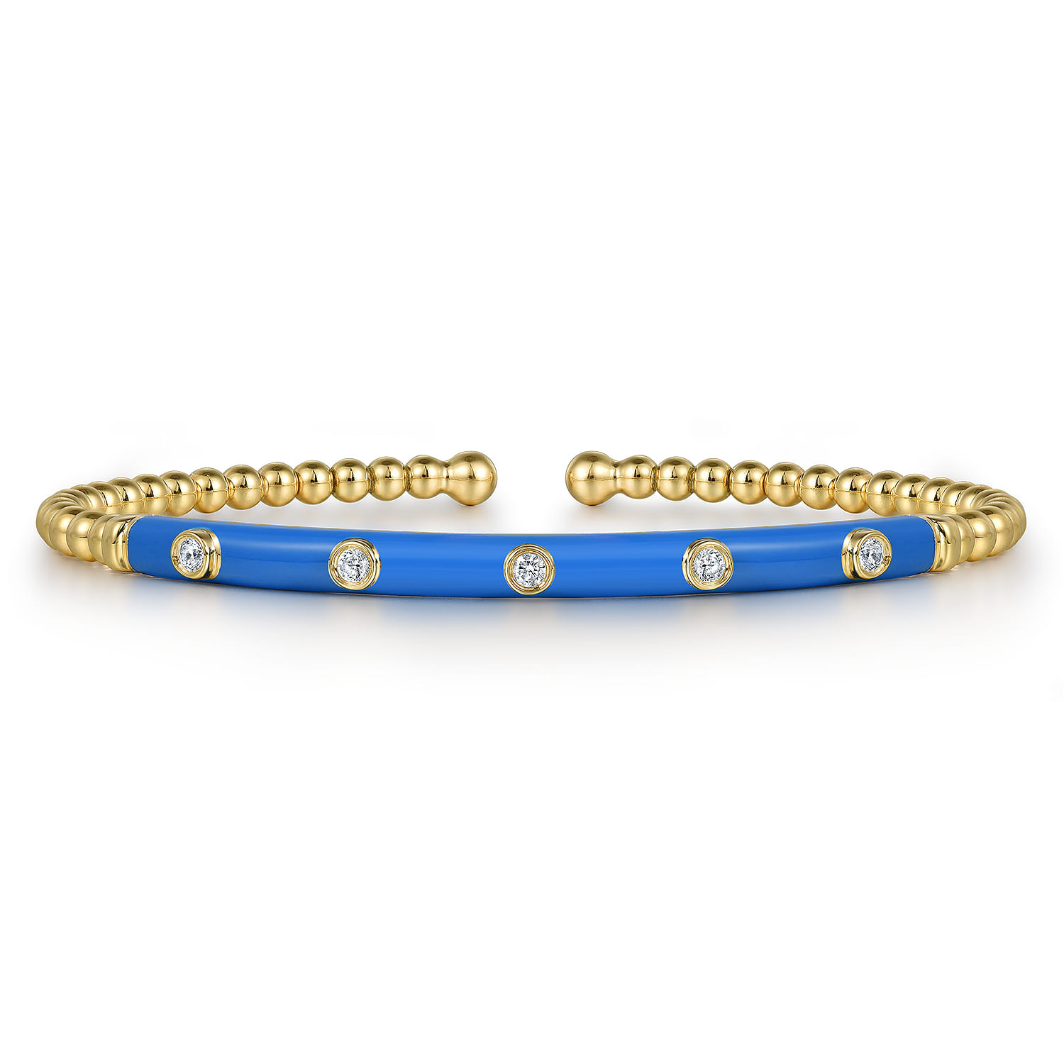 Enamel - 18K Yellow Gold Bujukan Beads and Diamond Split Bangle with Blue Enamel - 0.15 ct - Shot 1