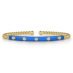 Enamel - 18K Yellow Gold Bujukan Beads and Diamond Split Bangle with Blue Enamel