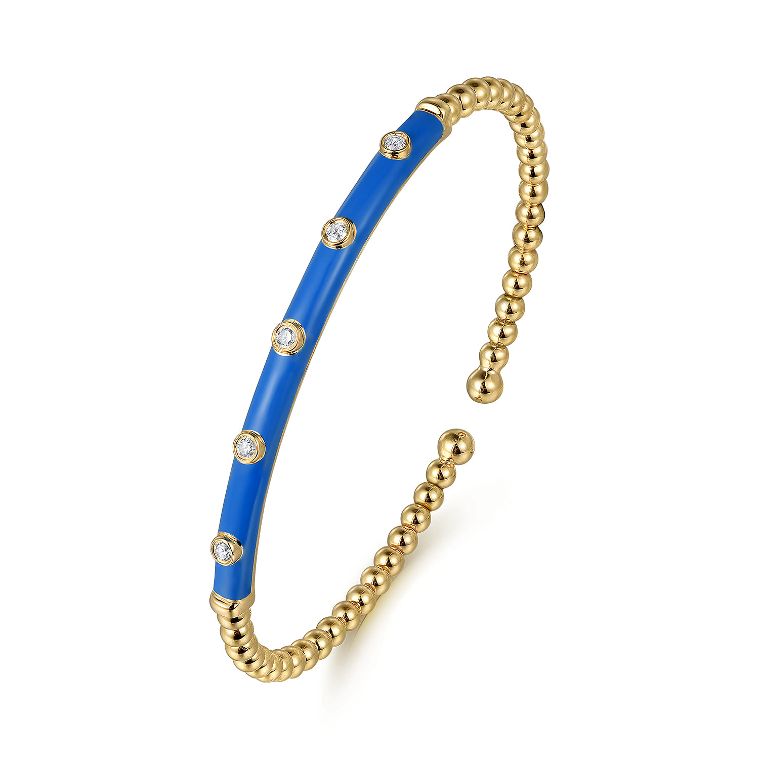Enamel - 18K Yellow Gold Bujukan Beads and Diamond Split Bangle with Blue Enamel - 0.15 ct - Shot 2