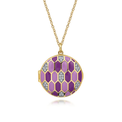 Enamel - 24 Inch 14K Yellow Gold Diamond And Multicolor Enamel Locket Pendant Necklace