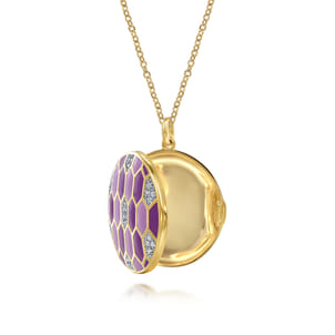 Enamel - 24 Inch 14K Yellow Gold Diamond And Multicolor Enamel Locket Pendant Necklace