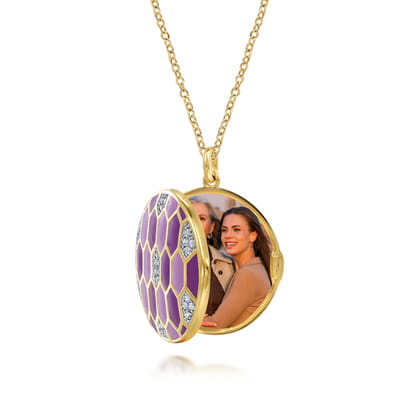 Enamel - 24 Inch 14K Yellow Gold Diamond And Multicolor Enamel Locket Pendant Necklace