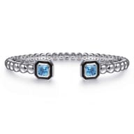 Enamel - 925 Sterling Silver Bujukan Blue Topaz Open Bangle with Black Enamel