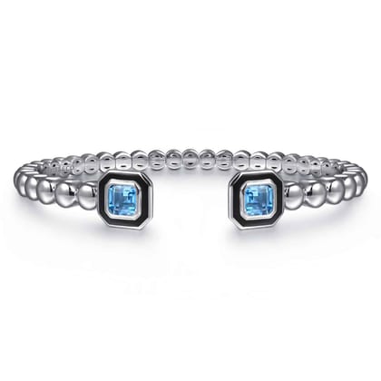 Enamel - 925 Sterling Silver Bujukan Blue Topaz Open Bangle with Black Enamel