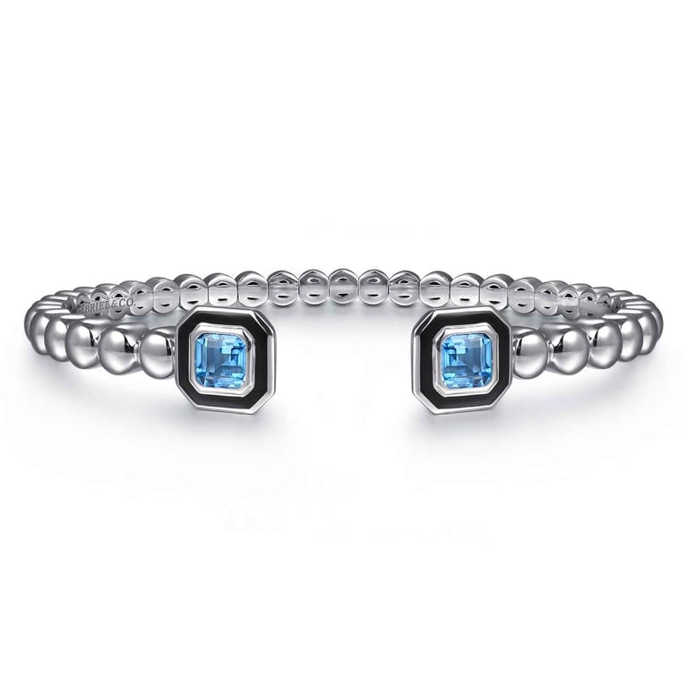 Enamel - 925 Sterling Silver Bujukan Blue Topaz Open Bangle with Black Enamel - Shot 1