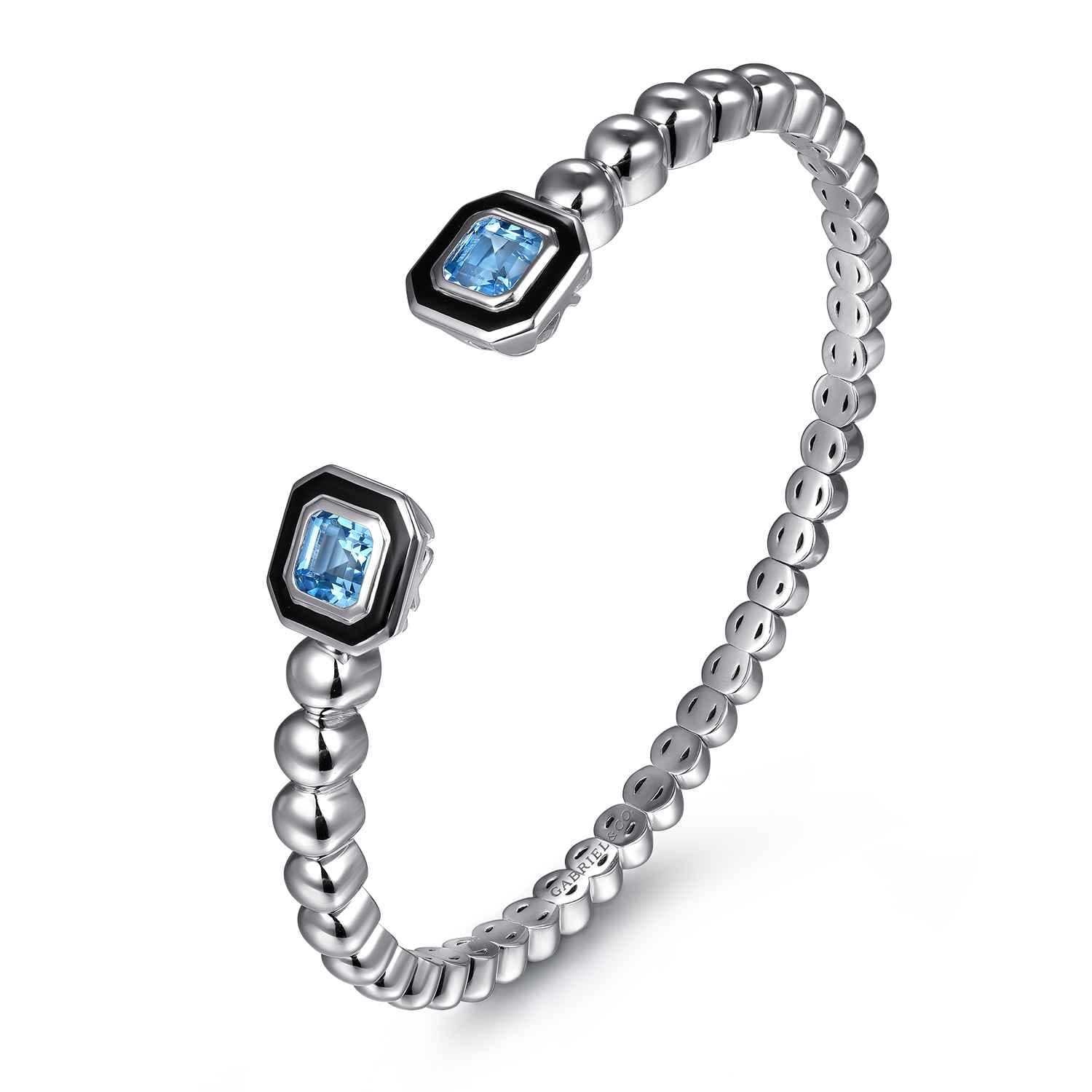 Enamel - 925 Sterling Silver Bujukan Blue Topaz Open Bangle with Black Enamel - Shot 2