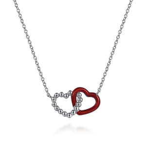 Enamel - 925 Sterling Silver Bujukan Double Heart Pendant Necklace with Chrome Red Enamel