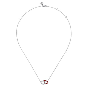 Enamel - 925 Sterling Silver Bujukan Double Heart Pendant Necklace with Chrome Red Enamel