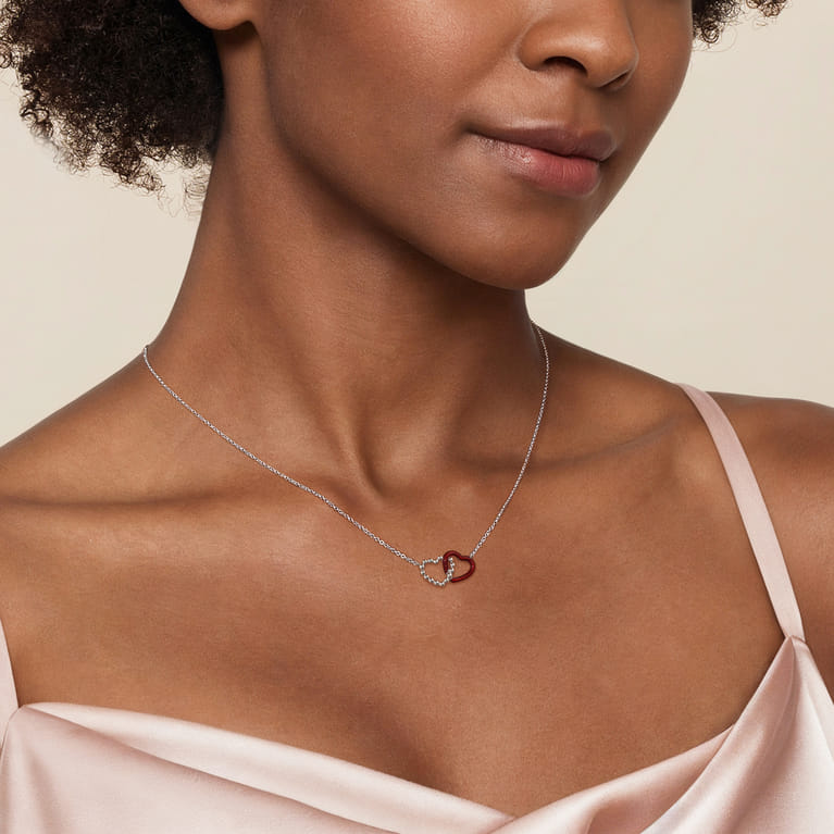 Enamel - 925 Sterling Silver Bujukan Double Heart Pendant Necklace with Chrome Red Enamel - Shot 3