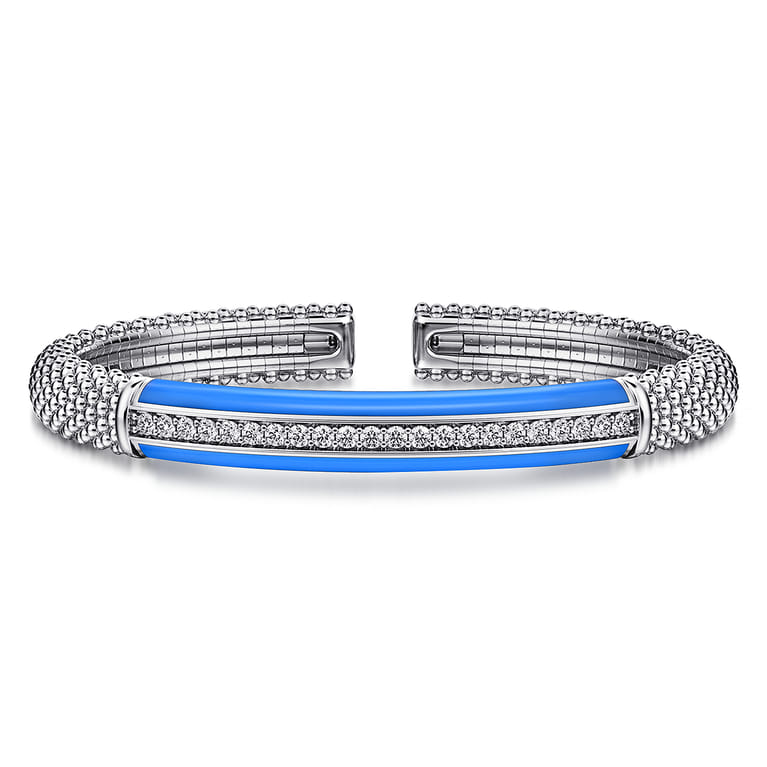 Enamel - 925 Sterling Silver Bujukan White Sapphire Bar Split Bangle with Blue Enamel - Shot 1