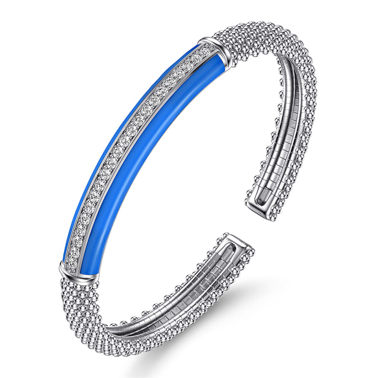Enamel - 925 Sterling Silver Bujukan White Sapphire Bar Split Bangle with Blue Enamel - Shot 2