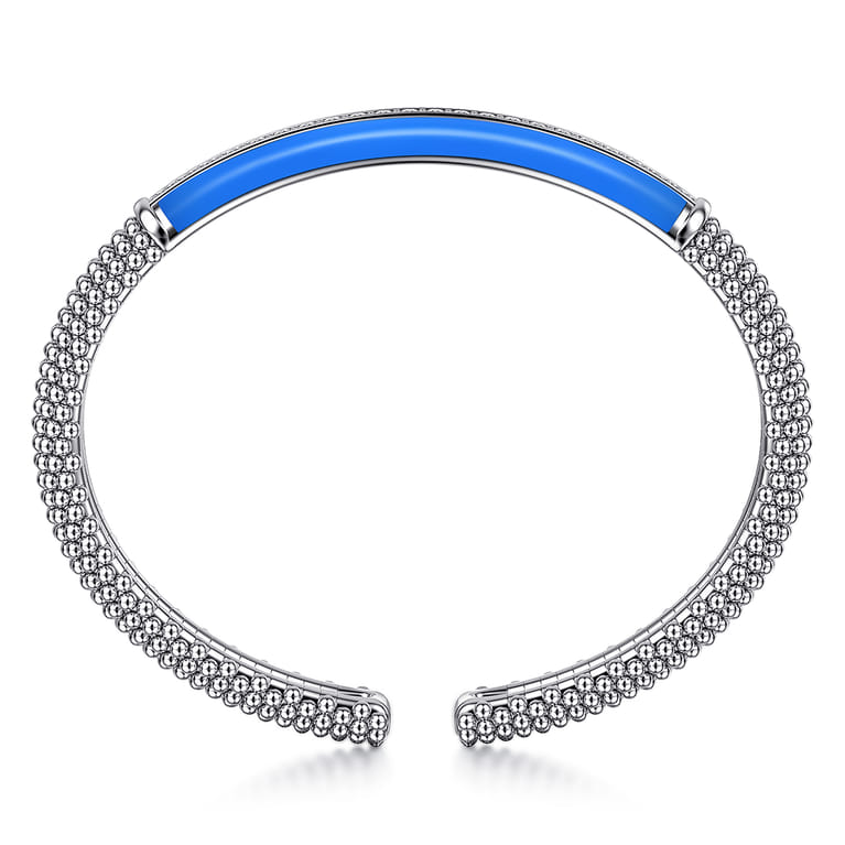 Enamel - 925 Sterling Silver Bujukan White Sapphire Bar Split Bangle with Blue Enamel - Shot 3