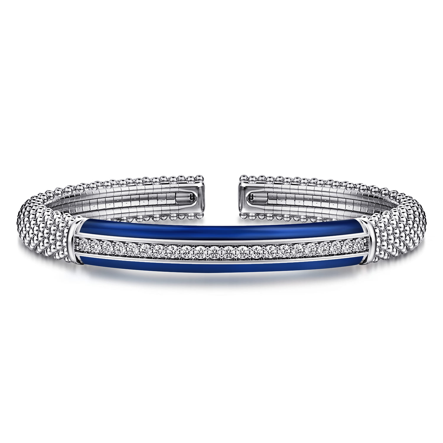Enamel - 925 Sterling Silver Bujukan White Sapphire Bar Split Bangle with Chrome Blue Enamel - Shot 1