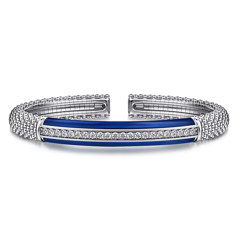 Enamel - 925 Sterling Silver Bujukan White Sapphire Bar Split Bangle with Chrome Blue Enamel - Shot 1
