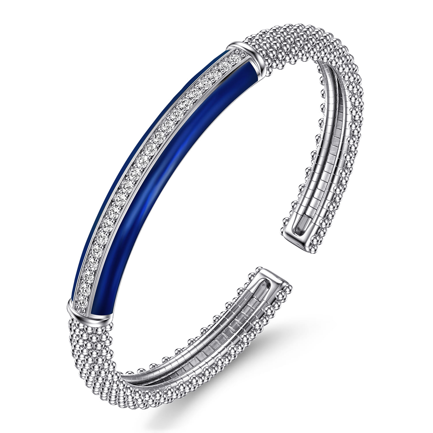 Enamel - 925 Sterling Silver Bujukan White Sapphire Bar Split Bangle with Chrome Blue Enamel - Shot 2