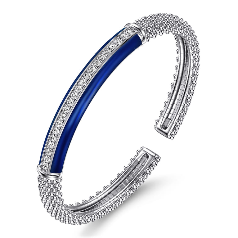 Enamel - 925 Sterling Silver Bujukan White Sapphire Bar Split Bangle with Chrome Blue Enamel - Shot 2