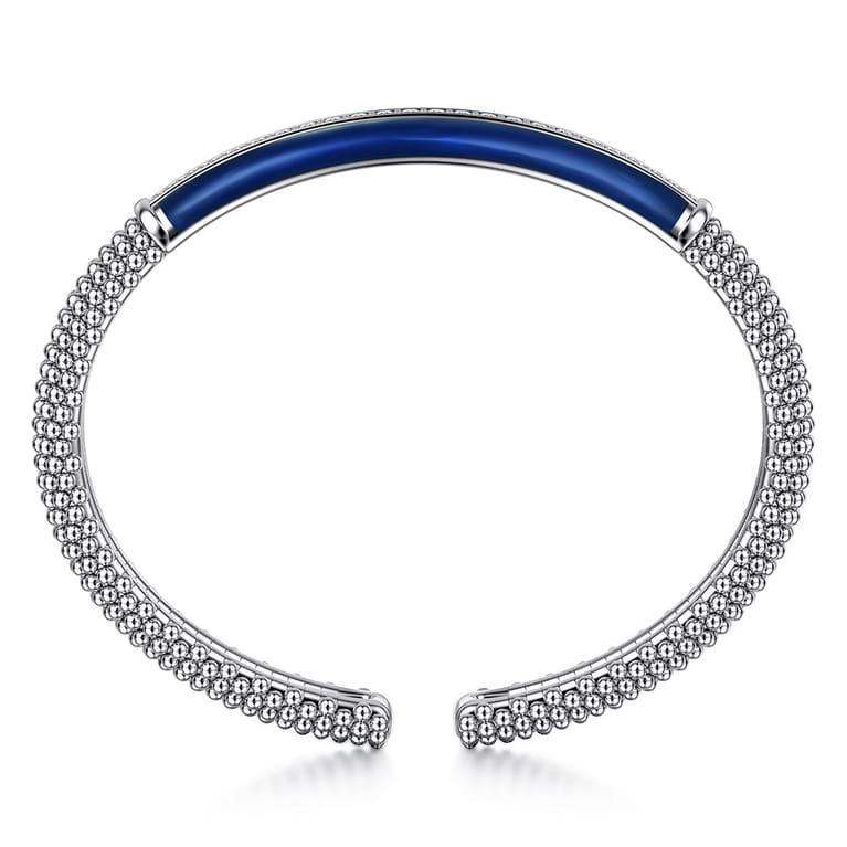 Enamel - 925 Sterling Silver Bujukan White Sapphire Bar Split Bangle with Chrome Blue Enamel - Shot 3