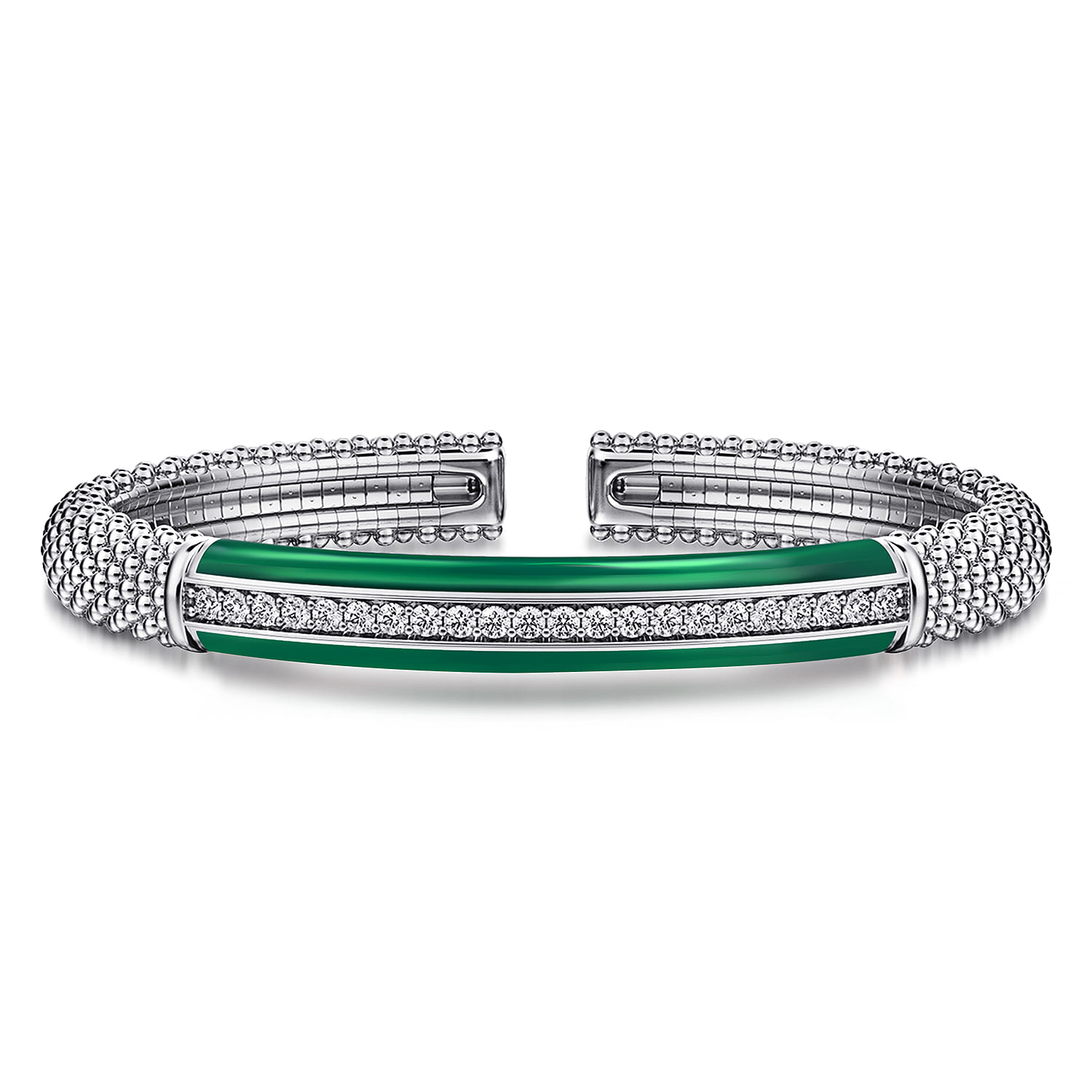 Enamel - 925 Sterling Silver Bujukan White Sapphire Bar Split Bangle with Chrome Green Enamel - Shot 1