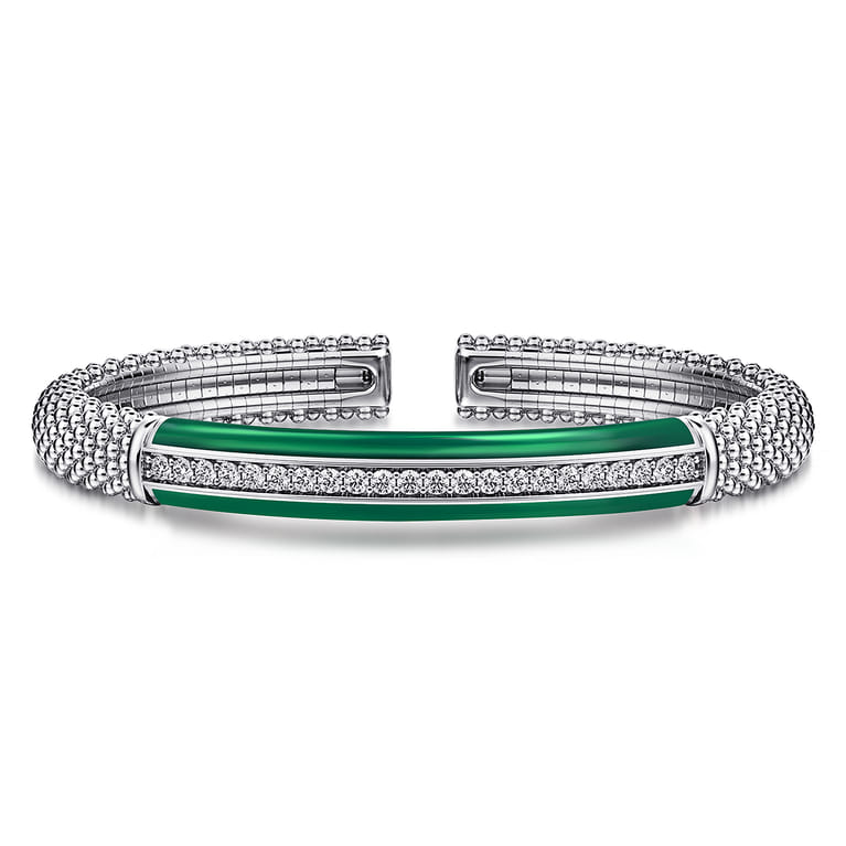 Enamel - 925 Sterling Silver Bujukan White Sapphire Bar Split Bangle with Chrome Green Enamel - Shot 1