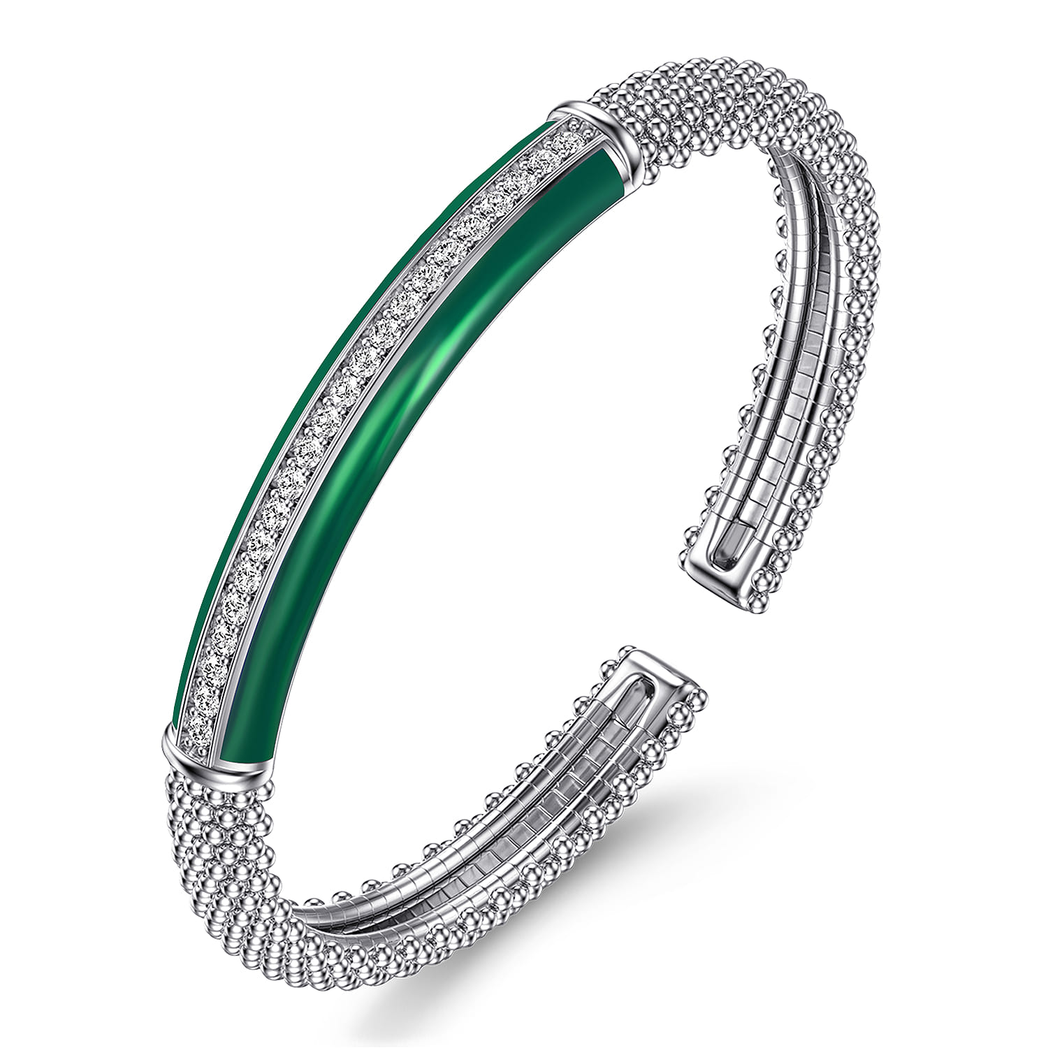 Enamel - 925 Sterling Silver Bujukan White Sapphire Bar Split Bangle with Chrome Green Enamel - Shot 2