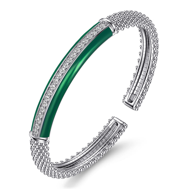 Enamel - 925 Sterling Silver Bujukan White Sapphire Bar Split Bangle with Chrome Green Enamel - Shot 2