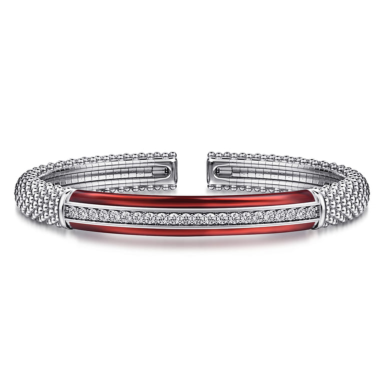 Enamel - 925 Sterling Silver Bujukan White Sapphire Bar Split Bangle with Chrome Red Enamel - Shot 1
