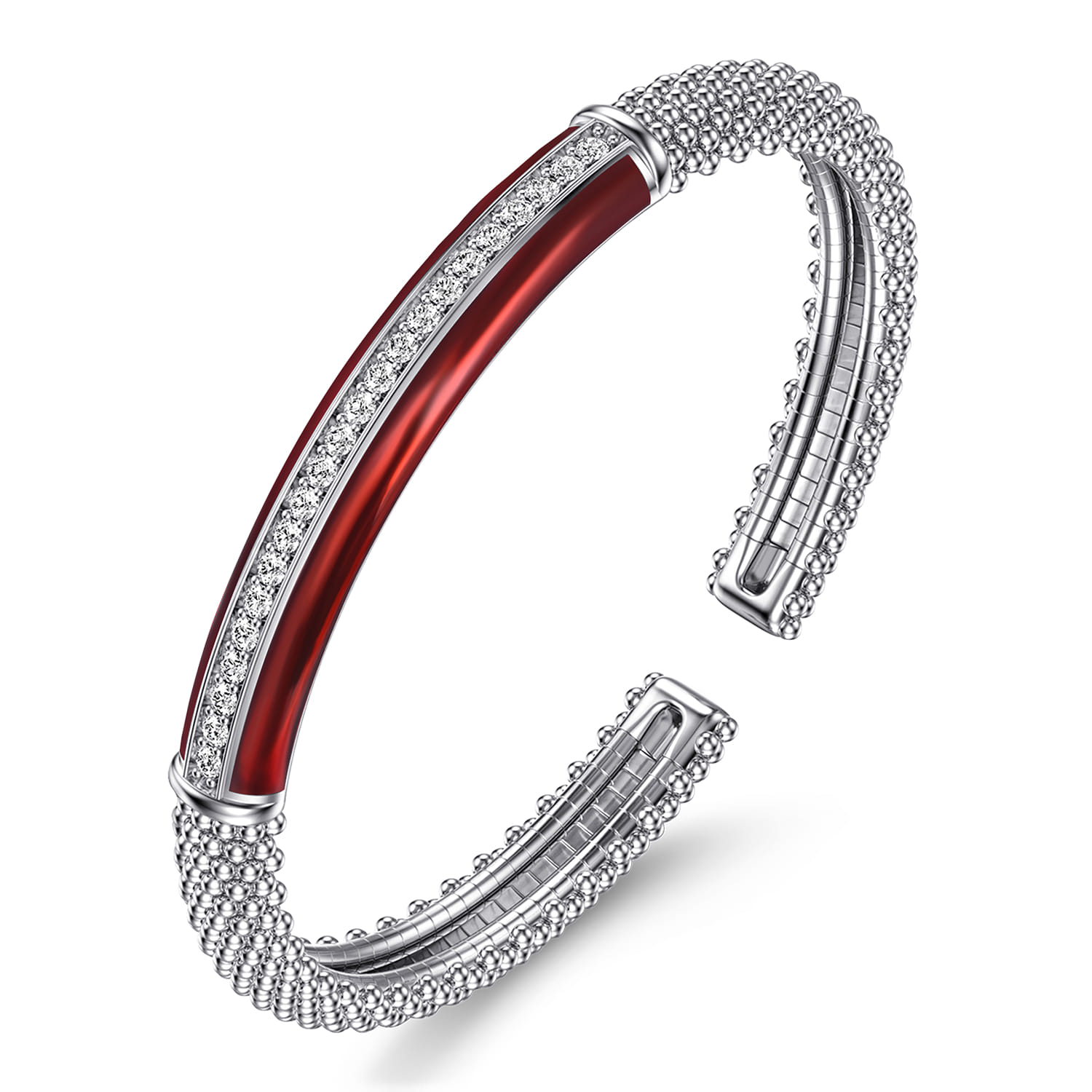 Enamel - 925 Sterling Silver Bujukan White Sapphire Bar Split Bangle with Chrome Red Enamel - Shot 2
