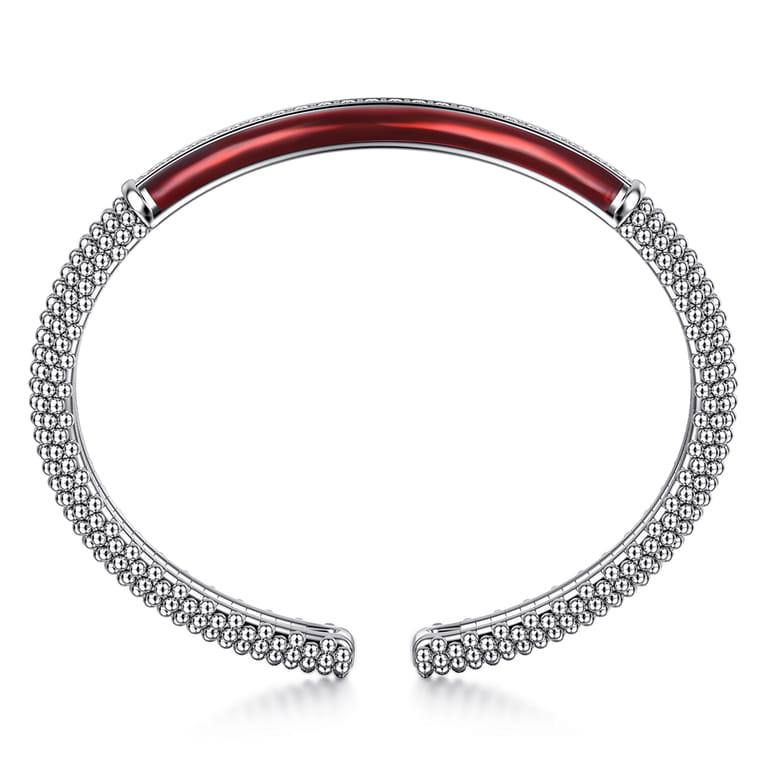 Enamel - 925 Sterling Silver Bujukan White Sapphire Bar Split Bangle with Chrome Red Enamel - Shot 3
