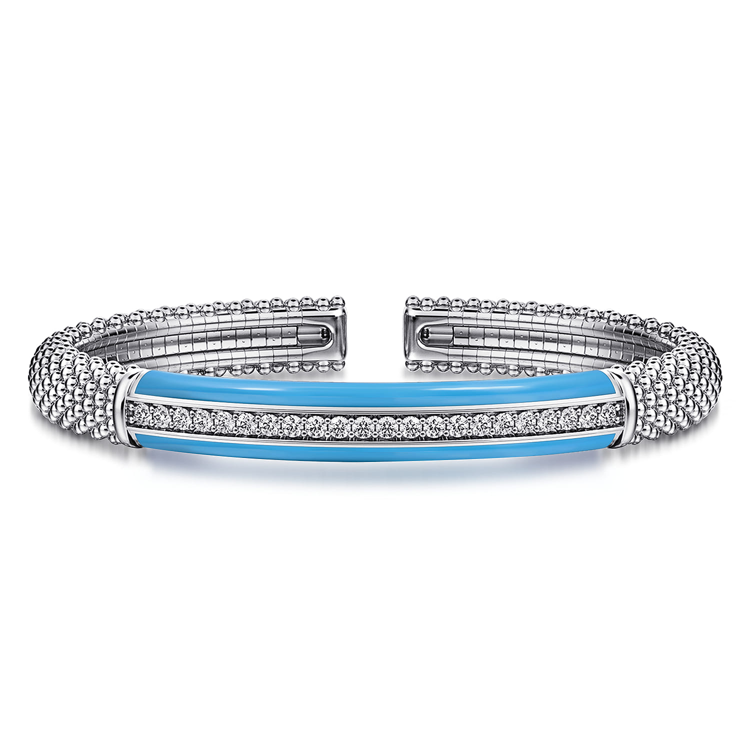 Enamel - 925 Sterling Silver Bujukan White Sapphire Bar Split Bangle with Dusk Blue Enamel - Shot 1