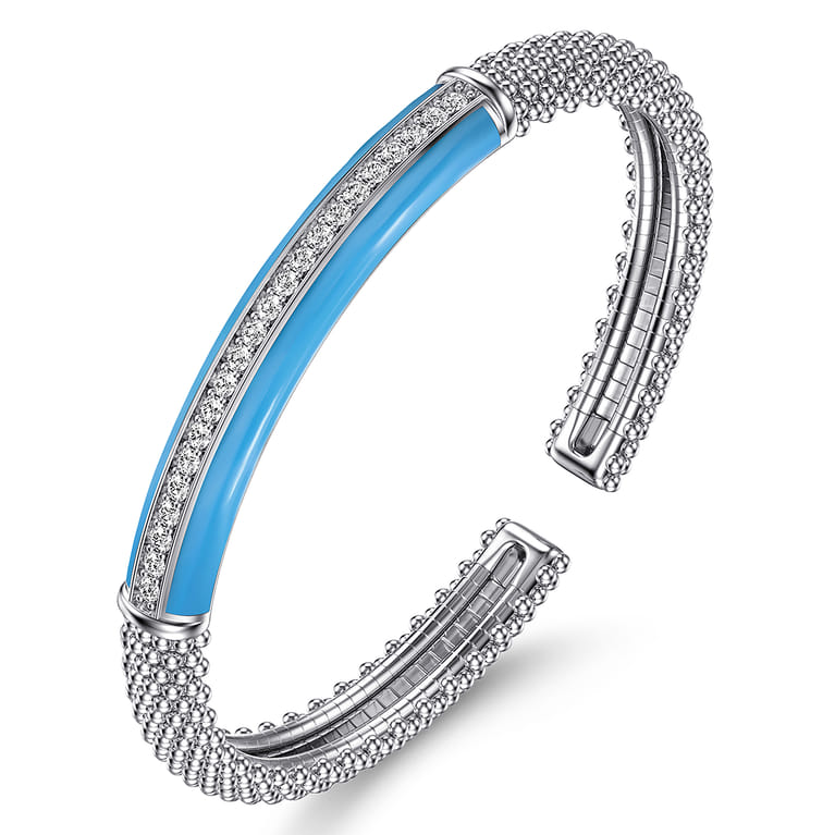 Enamel - 925 Sterling Silver Bujukan White Sapphire Bar Split Bangle with Dusk Blue Enamel - Shot 2