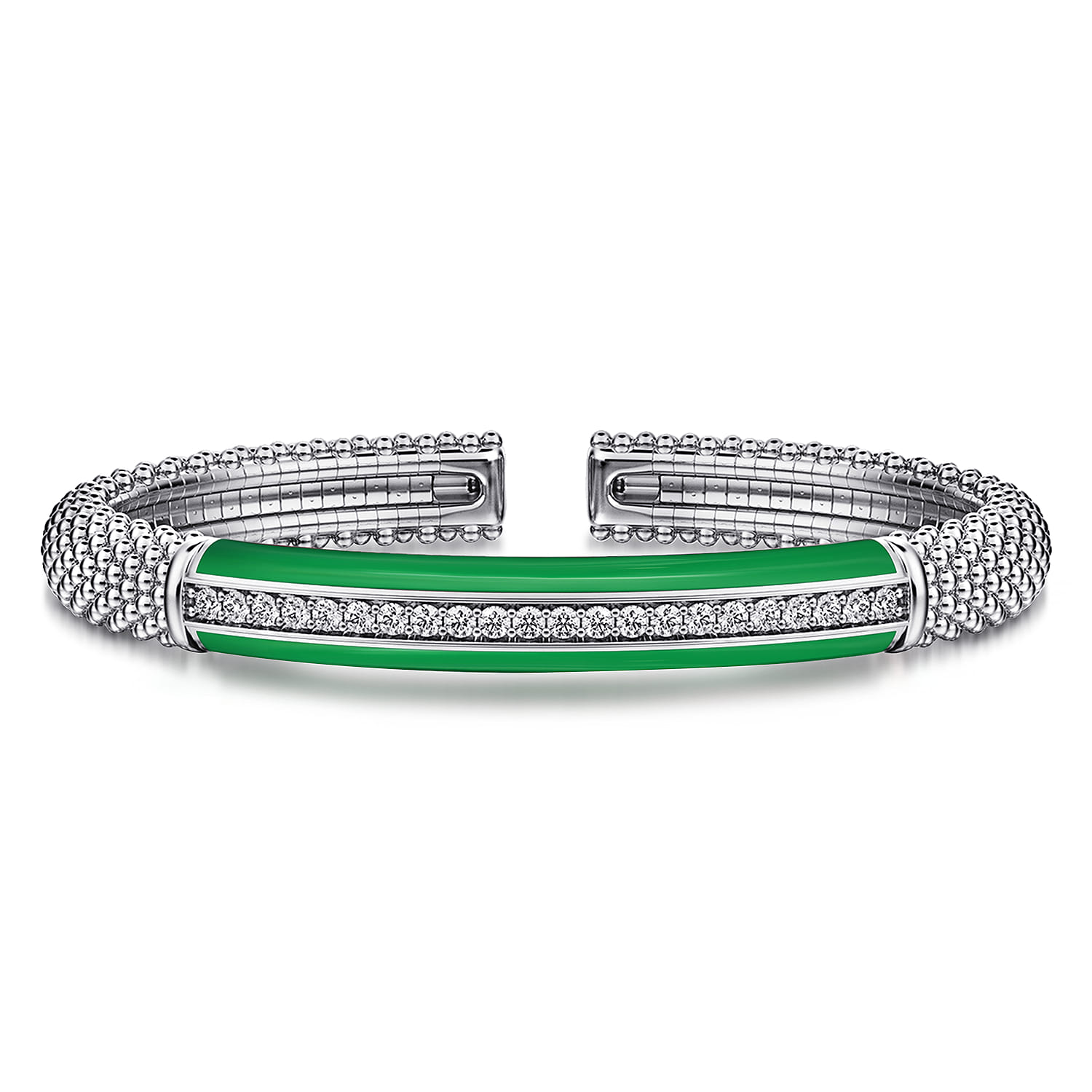Enamel - 925 Sterling Silver Bujukan White Sapphire Bar Split Bangle with Emerald Green Enamel - Shot 1