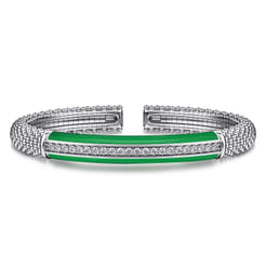 Enamel - 925 Sterling Silver Bujukan White Sapphire Bar Split Bangle with Emerald Green Enamel