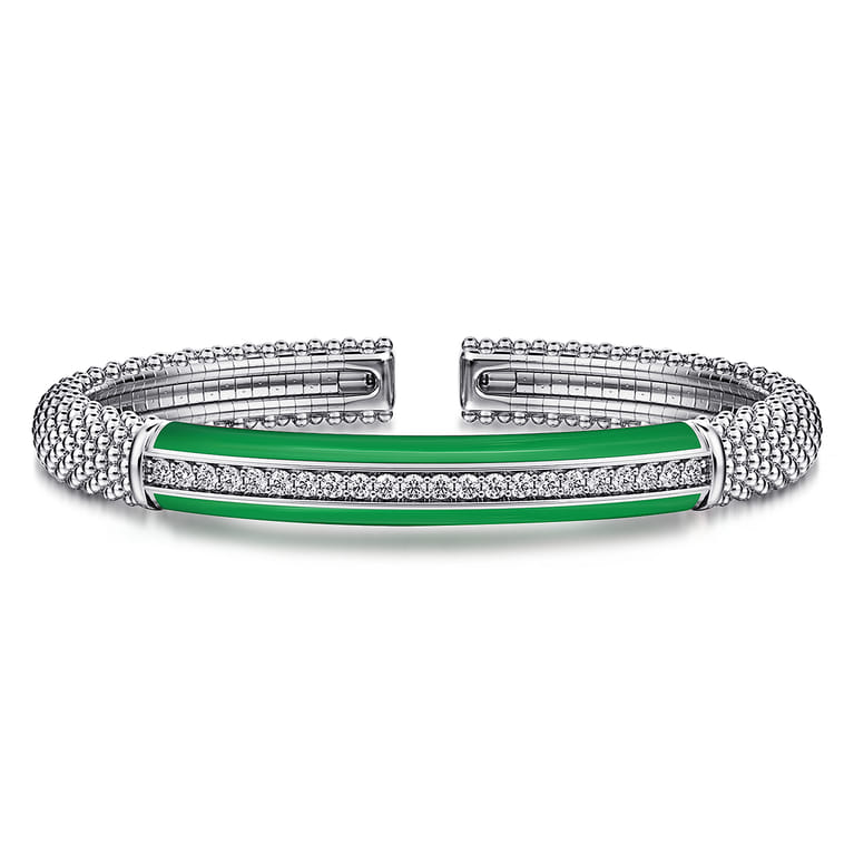 Enamel - 925 Sterling Silver Bujukan White Sapphire Bar Split Bangle with Emerald Green Enamel - Shot 1